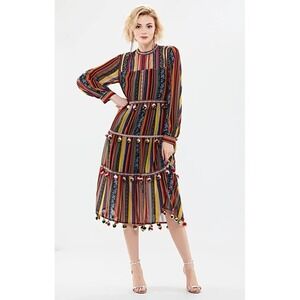 Chelsea & Theodore Boho Striped  Maxi Dress with Pom Poms Long Sleeve Bohemian